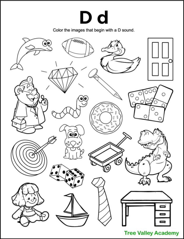 Worksheet image featuring items that begin with the letter D for phonics practice. Fun phonics worksheet for Pre-K kids to explore things that start with D!