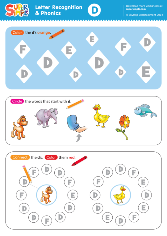 D Is For Worksheet Learning Activity 14 Pre-K student worksheet featuring the letter D with fun coloring activities to practice phonics