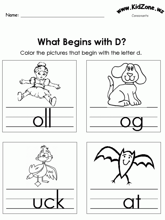 Worksheet featuring items that begin with the letter D for phonics practice