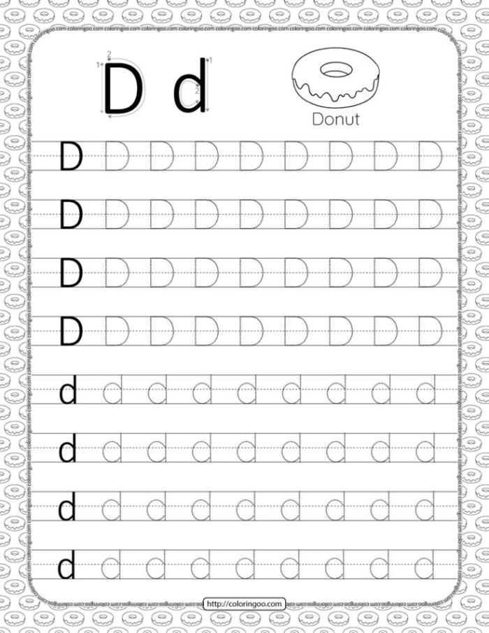 Child tracing dotted lines and the letter D on a prekindergarten worksheet to develop fine motor skills