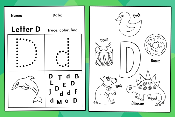 D Is For Worksheet Activity for Preschool Letter Recognition and Phonics Practice A preschool worksheet featuring the letter D with pictures of objects that start with D and spaces for children to practice writing and coloring