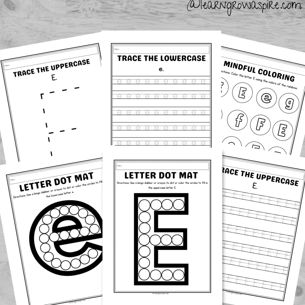 Pre-K worksheet page featuring various illustrations for children to identify words starting with the letter E