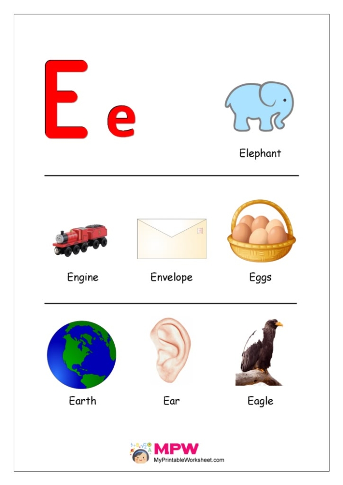 Worksheet featuring various items that begin with the letter E for phonics practice
