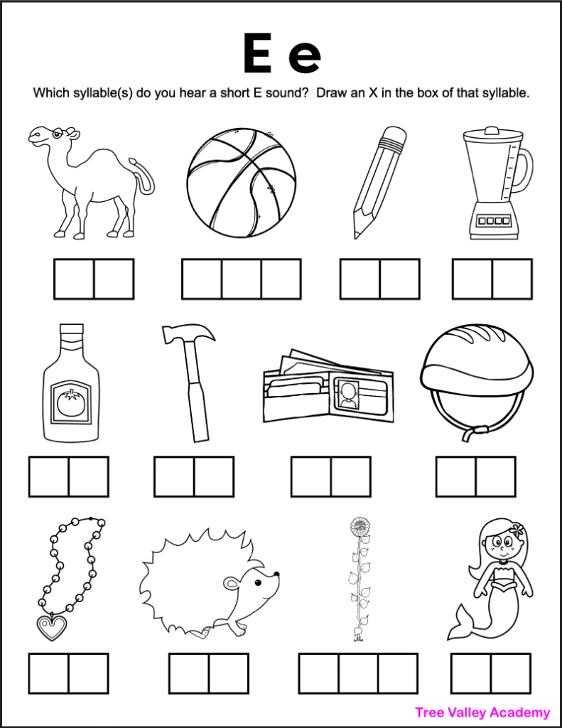 A worksheet featuring items that begin with the letter E for phonics practice