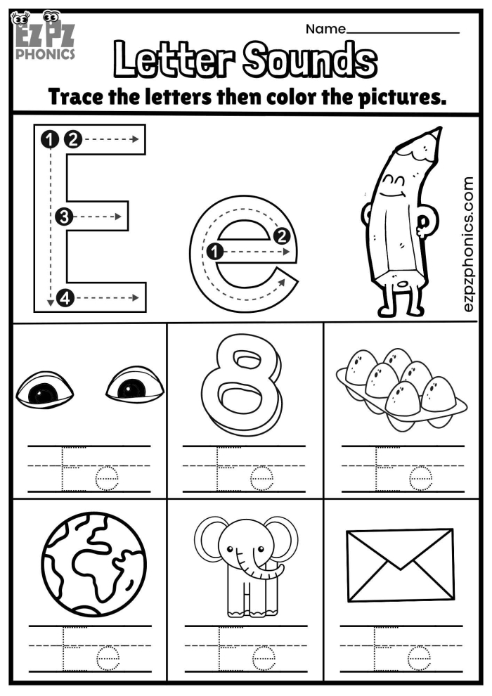 Pre-K phonics worksheet for identifying words and objects that begin with the letter E