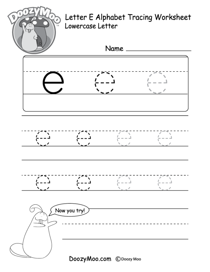 Prekindergarten worksheet showing tracing lines and the letter E for skill development