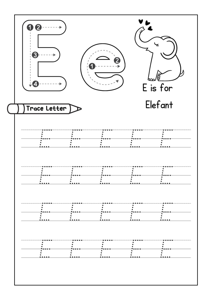 Pre-K student worksheet for practicing letter E tracing and fine motor line work