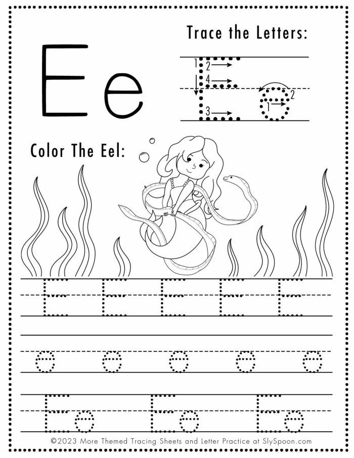 Pre-K student tracing dotted lines and the letter E on a handwriting practice worksheet