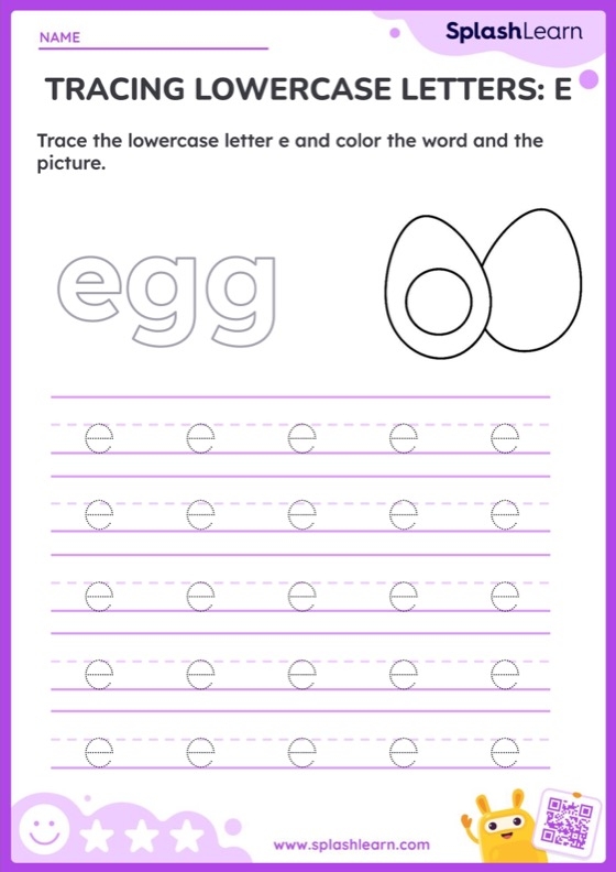 Pre-K worksheet showing dotted line paths and the letter E for early writing practice