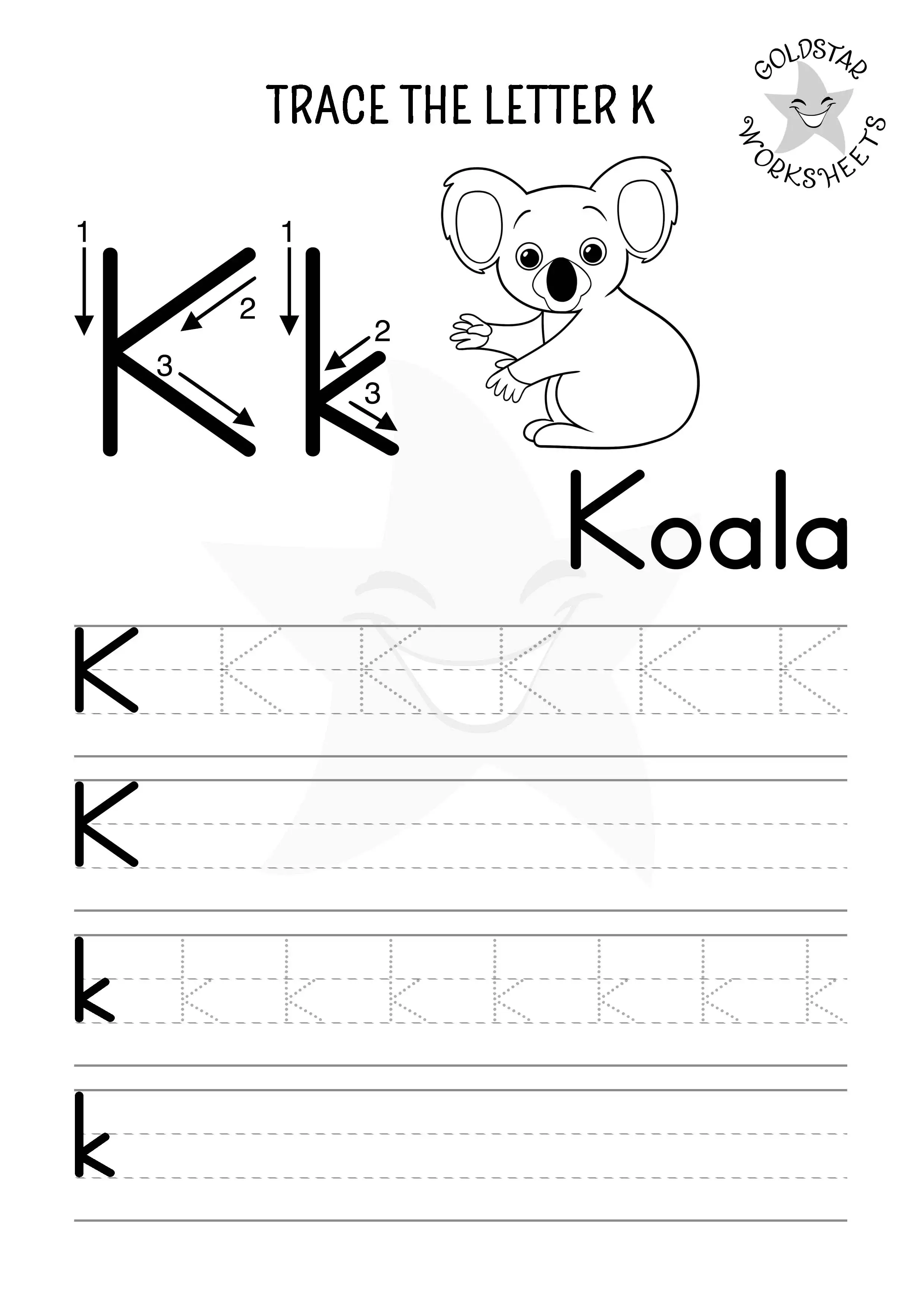 Letter K Handwriting Practice Worksheet Number 7 Pre-K tracing worksheet for practicing the letter K with fine motor skill exercises