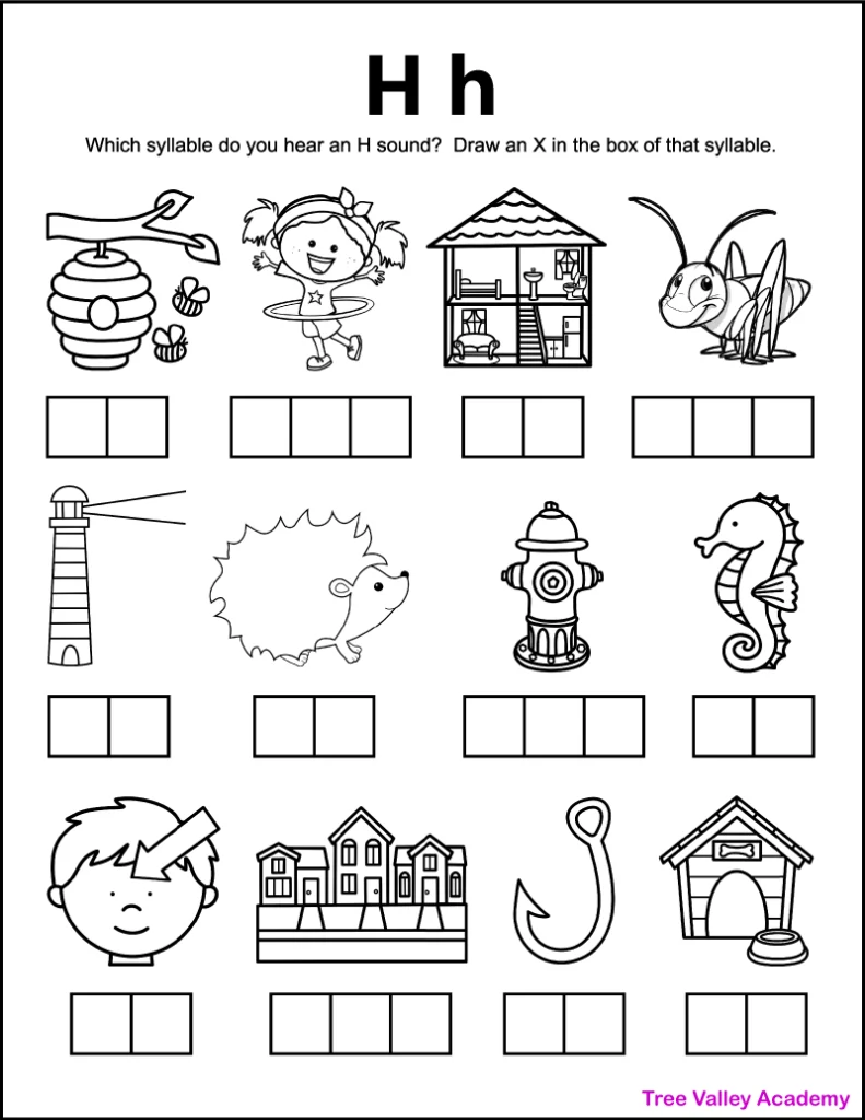 Pre-K phonics worksheet for identifying words and pictures that start with the letter H