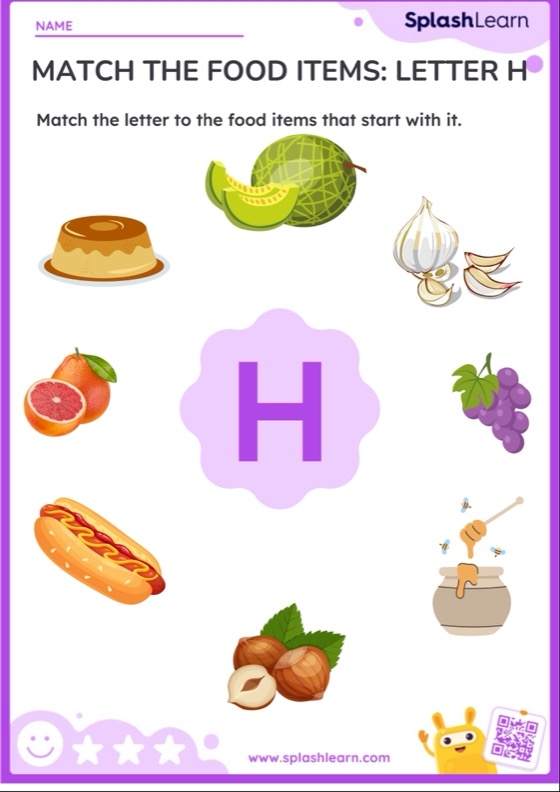 Worksheet featuring various items that begin with the letter H for phonics practice