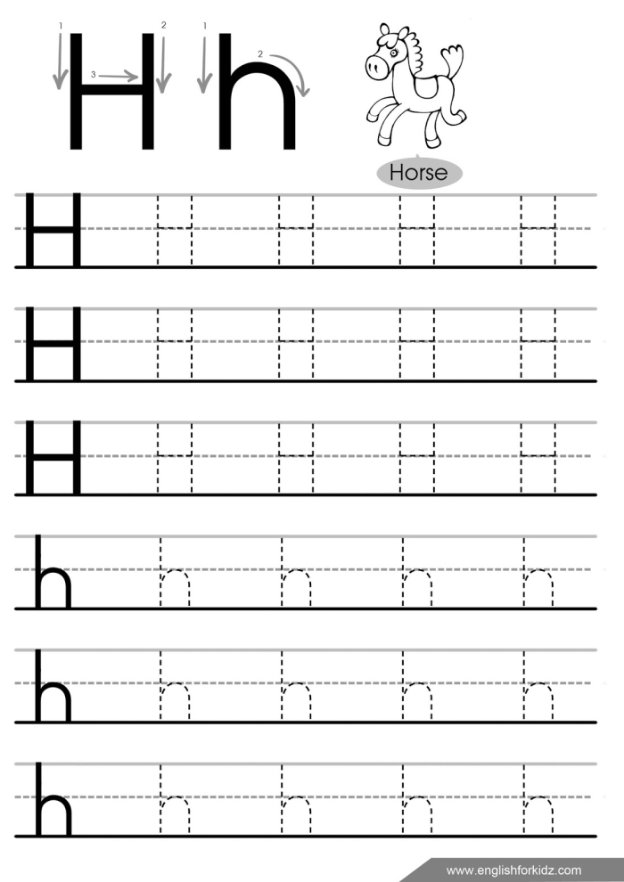Worksheet for tracing the letter H to enhance fine motor development in preschoolers Kids practicing tracing the letter H on a fun worksheet for pre-K writing skills