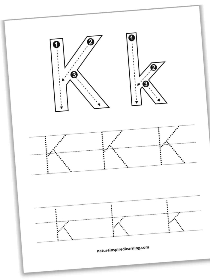 Practice Tracing the Letter K Writing Activity for Pre-K Learners Image 3 Child tracing dotted lines and the letter K on a pre-kindergarten handwriting practice worksheet to develop fine motor skills