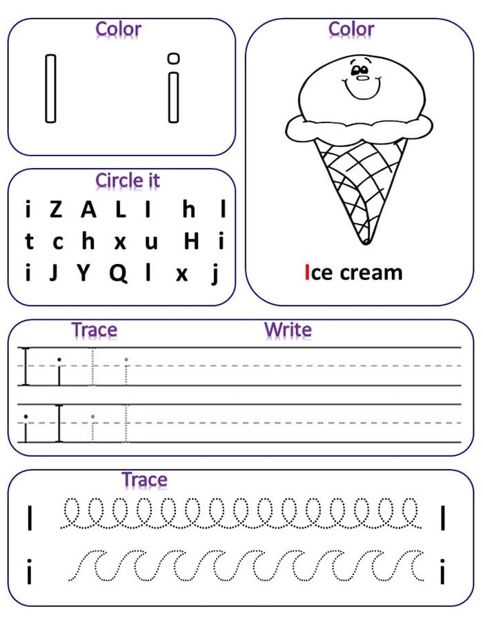Interactive Letter I activity sheet for preschool and early elementary students Worksheet for identifying words that begin with the letter I for young learners