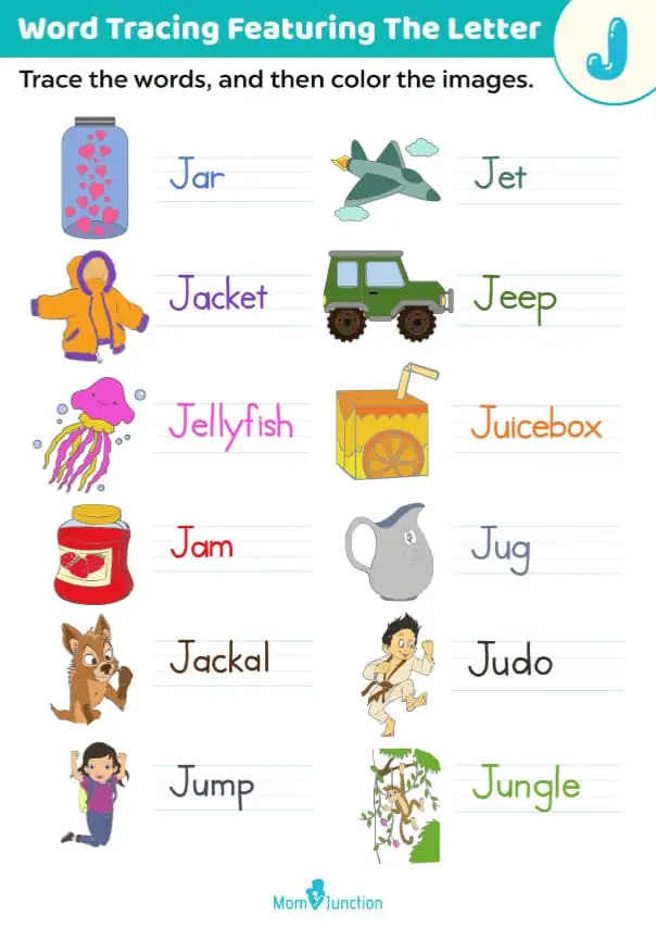 Colorful worksheet featuring items that start with the letter J for Pre-K kids