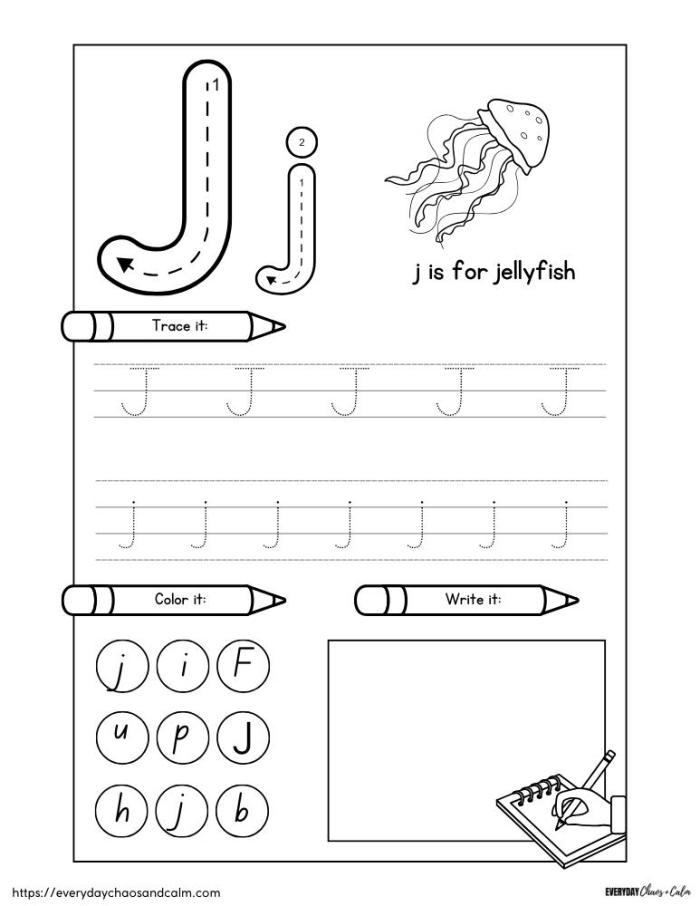 Worksheet featuring words that begin with the letter J for young learners