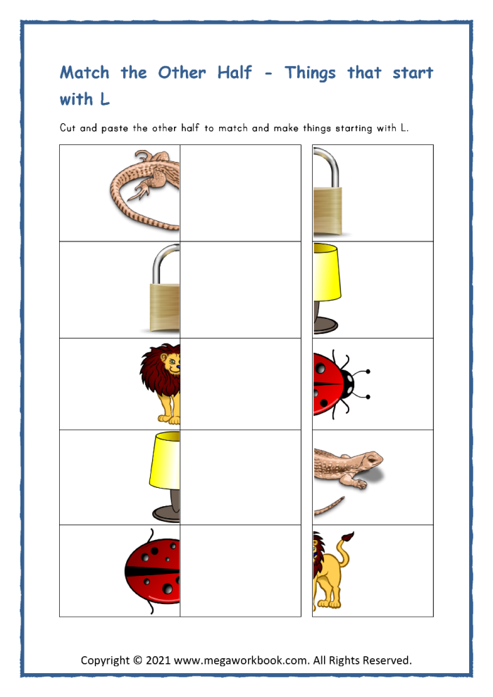 Worksheet featuring items that begin with the letter L for phonics practice