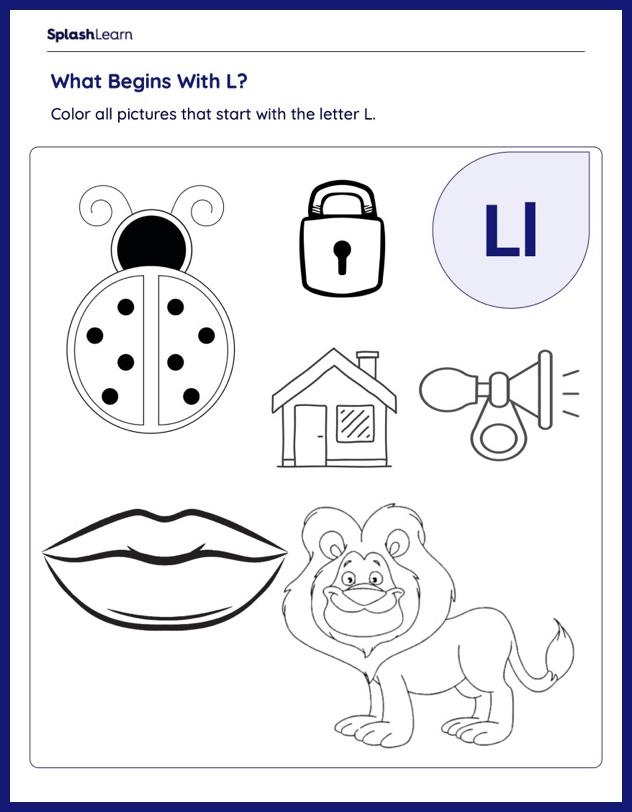 Worksheet featuring various items that begin with the letter L for phonics practice
