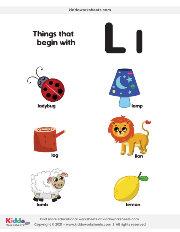 Worksheet featuring items that begin with the letter L for phonics practice. Fun phonics game for Pre-K children to identify words starting with L.