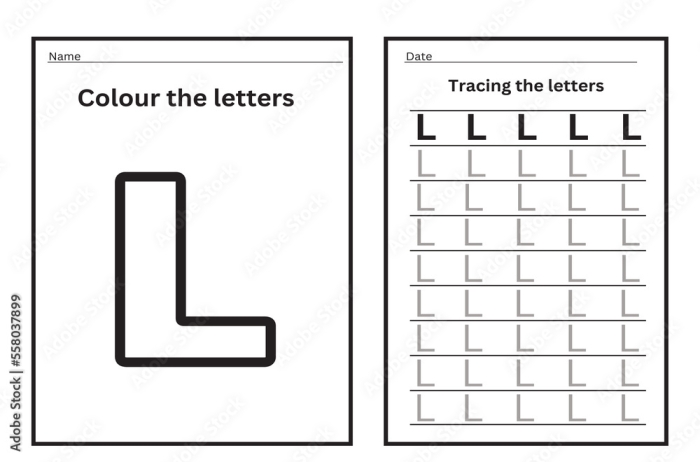 Worksheet for practicing tracing the letter L, designed for Pre-K students to enhance fine motor skills. Practice Tracing the Letter L worksheet for early vocabulary development.