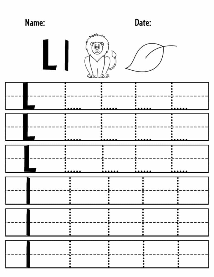 Kids practicing tracing the letter L on a fun pre-K worksheet