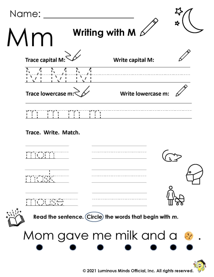 Worksheet featuring images of objects that start with the letter M for phonics practice. Things that Start with M! worksheet for Pre-K reading skills enhancement.