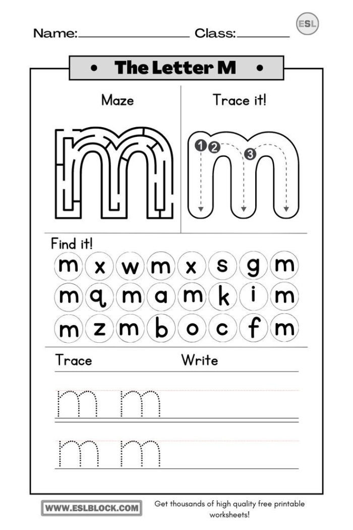 Worksheet for practicing fine motor skills and letter formation for the letter M Prekindergarten students practicing tracing the letter M on a fun worksheet