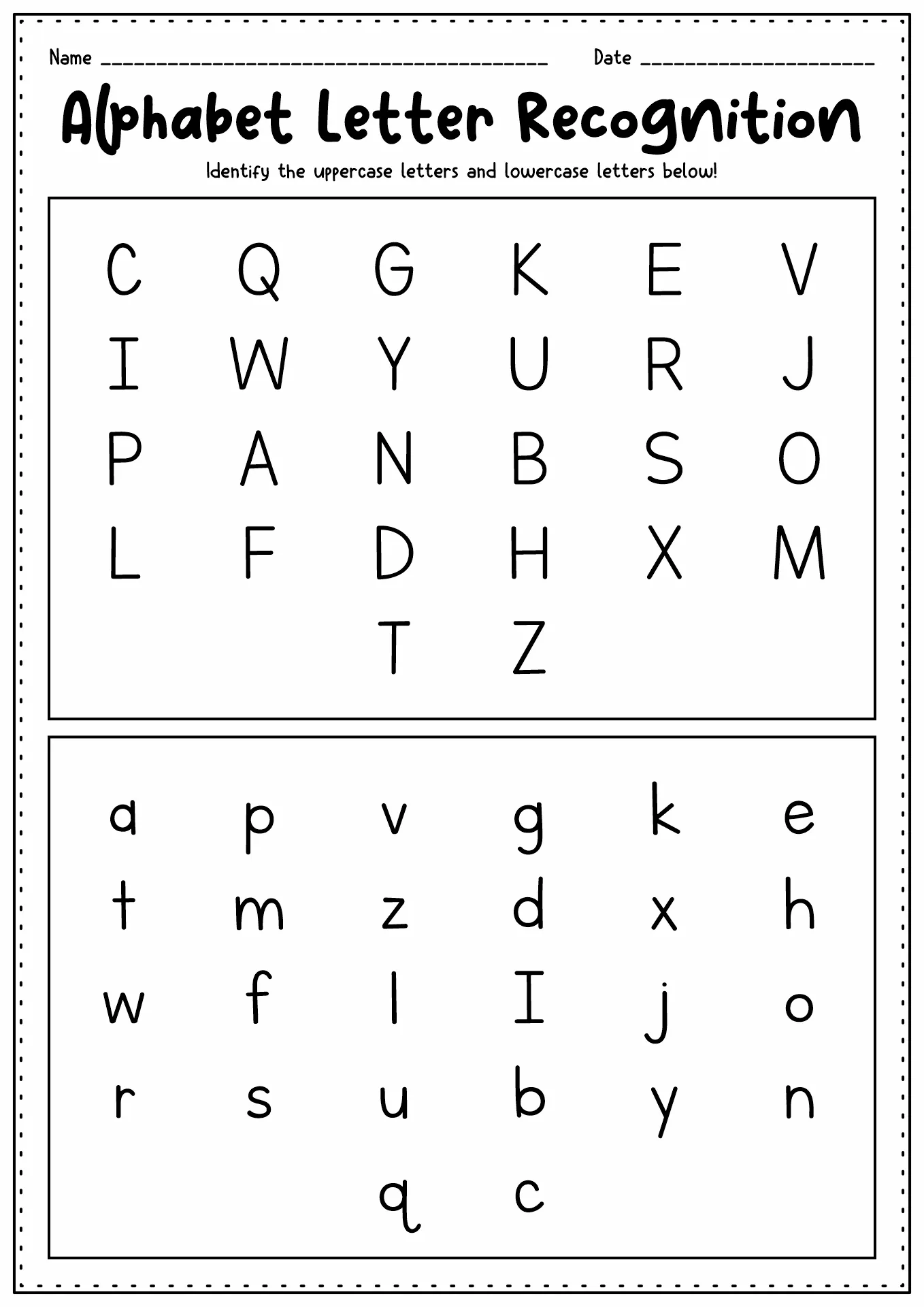 Letter Recognition worksheet featuring uppercase and lowercase letter matching for Pre-K students