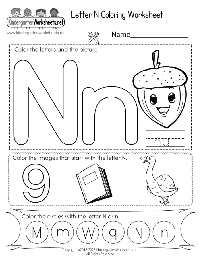 Worksheet featuring activities for identifying words that begin with the letter N for young learners