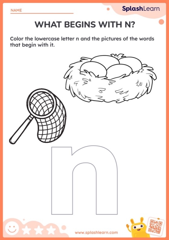 Worksheet for identifying items that begin with the letter N for phonics practice
