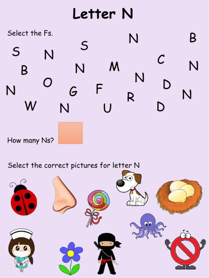Worksheet featuring words that begin with the letter N for young learners