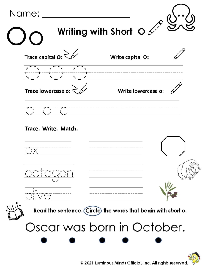 Pre-K phonics worksheet featuring various objects that start with the letter O for students to identify