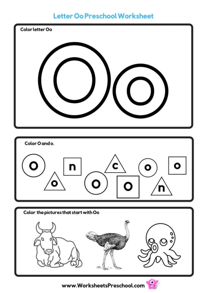 Printable worksheet featuring objects that start with the letter O for phonics practice