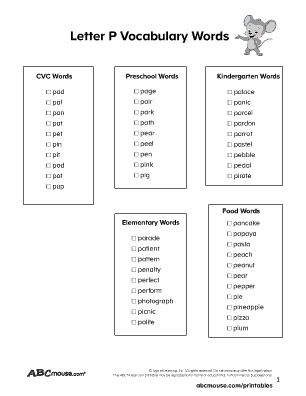 Worksheet featuring various items that begin with the letter P for Pre-K students