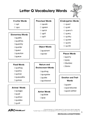 Worksheet featuring items that start with the letter Q for phonics practice in Pre-K