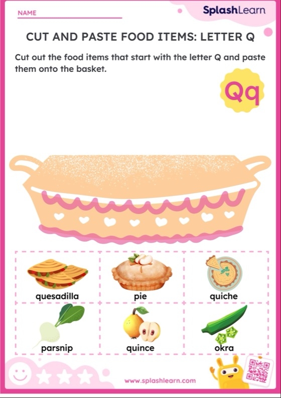 Pre-K phonics worksheet for identifying words and objects that start with the letter Q