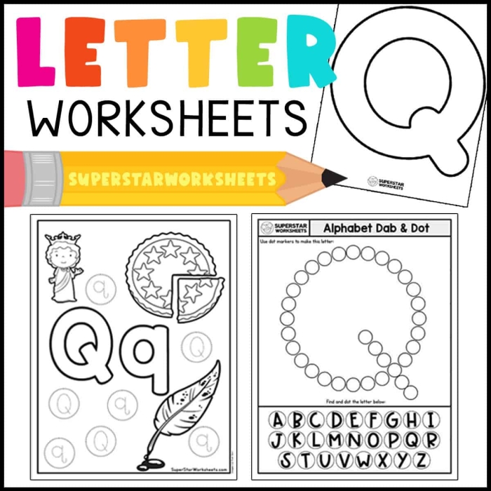 Worksheet featuring the letter Q with words for preschoolers to find