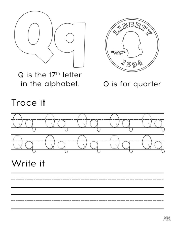 Pre-K worksheet page featuring Q letter tracing and vocabulary building exercises for lesson 13