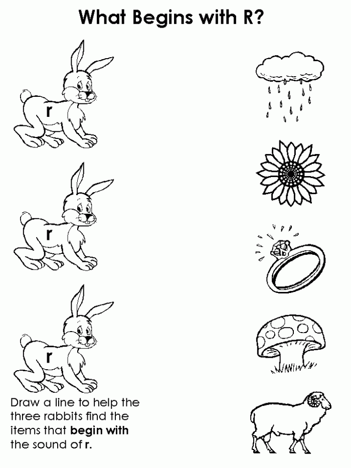 Pre-K phonics worksheet featuring colorful illustrations of items that begin with the letter R