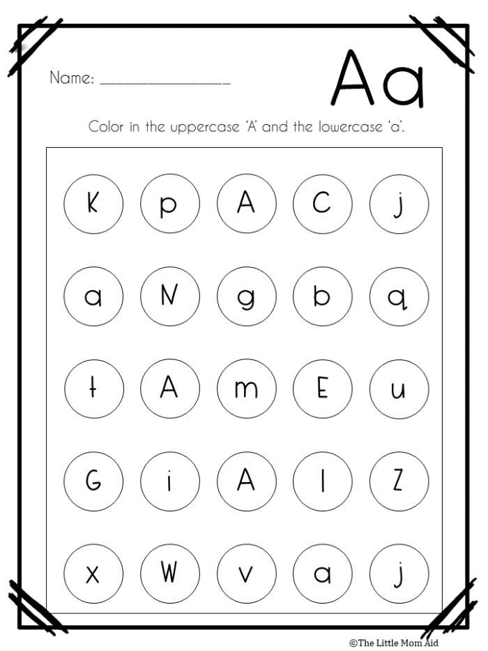 Pre-K letter recognition worksheet featuring an uppercase and lowercase alphabet matching quiz