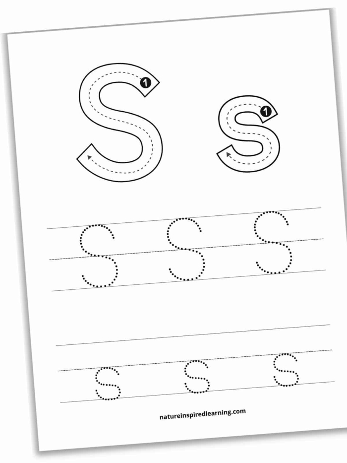 Pre-K student tracing curved lines and the letter S to develop fine motor skills on a writing practice worksheet