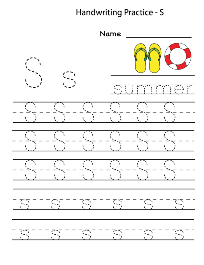 Pre-K student worksheet showing guided paths and the letter S for fine motor practice
