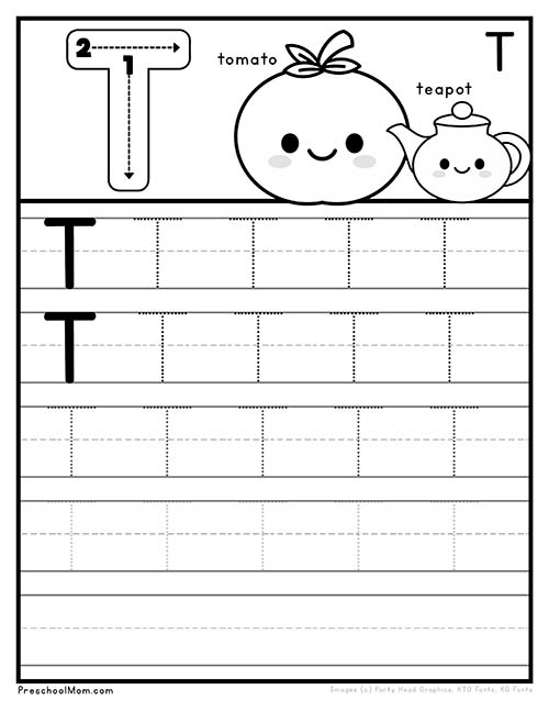 Practice Tracing the Letter T worksheet for early writing development in Pre-K kids Worksheet for tracing the letter T designed for prekindergarten children to enhance fine motor skills