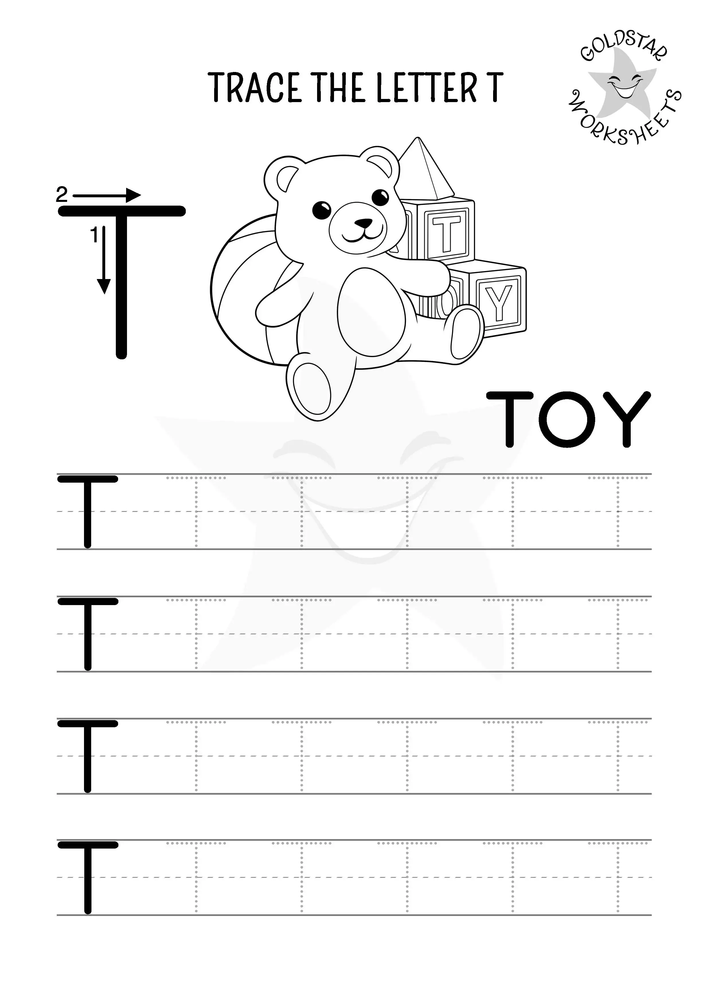 Tracing the Letter T worksheet for early writing skills in prekindergarten Worksheet for practicing tracing the letter T with fine motor skills development for Pre-K children