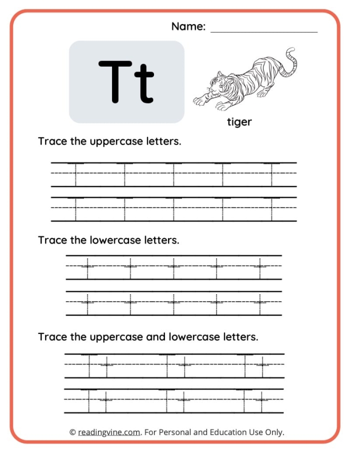Practice Tracing the Letter T worksheet for early writing development in preschool A colorful worksheet designed for pre-K children to practice tracing the letter T and improve fine motor skills