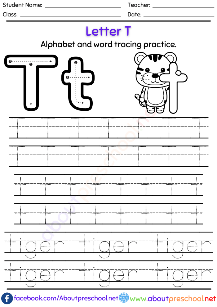 Practice Tracing the Letter T Worksheet for Fine Motor Skill Development Worksheet for practicing tracing the letter T designed for Pre-K children