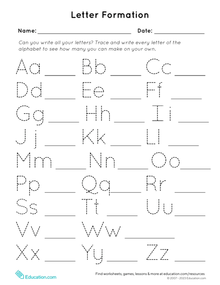 Pre-K student tracing letters on a handwriting assessment worksheet