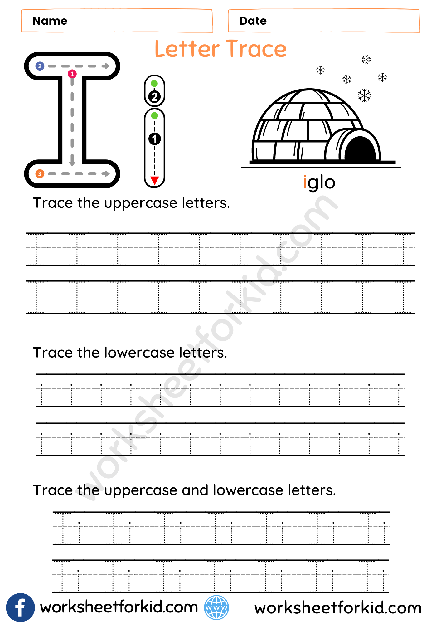 Worksheet for tracing the letters I, H, and T designed for Pre-K students