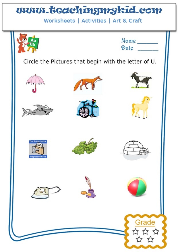 Pre-K phonics worksheet featuring various objects for children to identify that start with the letter U